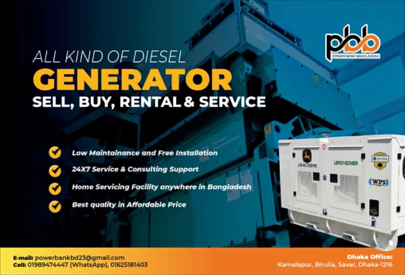 Row of canopied generators: Low maintenance, 24/7 support, home servicing anywhere in Bangladesh